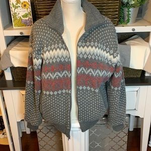 Outdoor Exchange Gray Fair Isle Full Zip Fleece Line Sweater Jacket Size Large